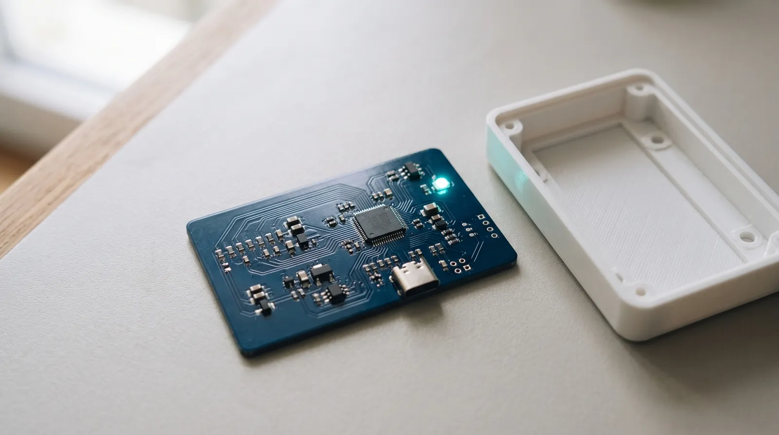 A circuit board with a lit turquoise LED next to its white enclosure