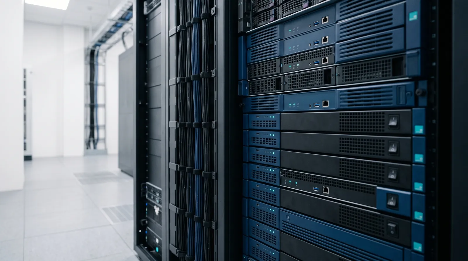 A server rack with status lights